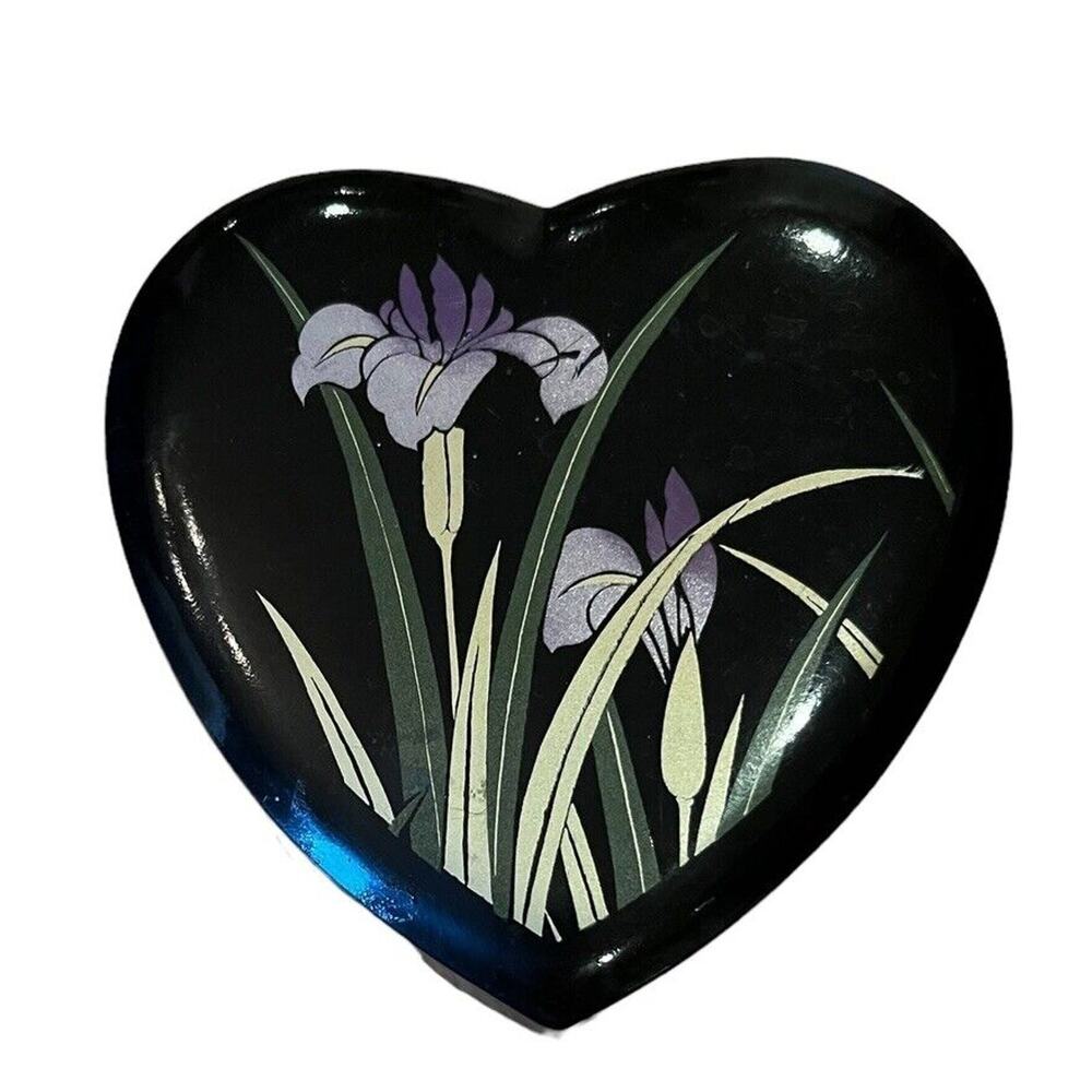 Vtg Asahi Japan Plastic Floral Trinket Box Irises Metallic Paint 4”